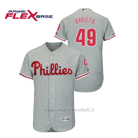 Maglia Baseball Uomo Philadelphia Phillies Jake Arrieta 150th Aniversario Patch Flex Base Grigio